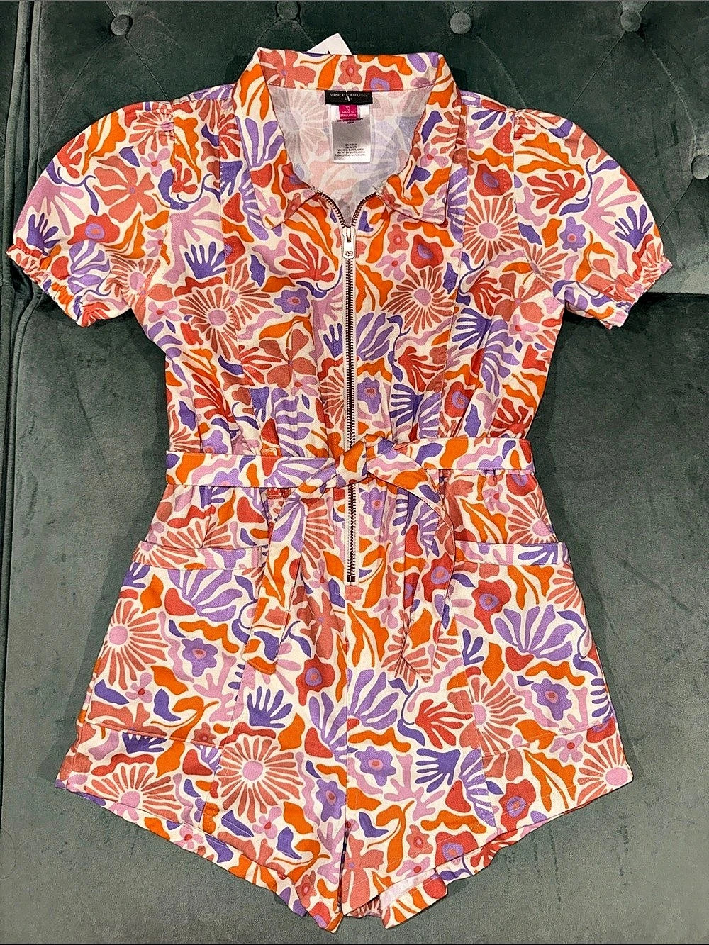 Vince Camuto Girls Retro Hippie Floral Print Zip Romper Orange & Purple
